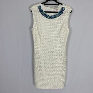Dressbarn White Sleeveless Sheath Dress Size 14 Beaded Neckline Cocktail Wear